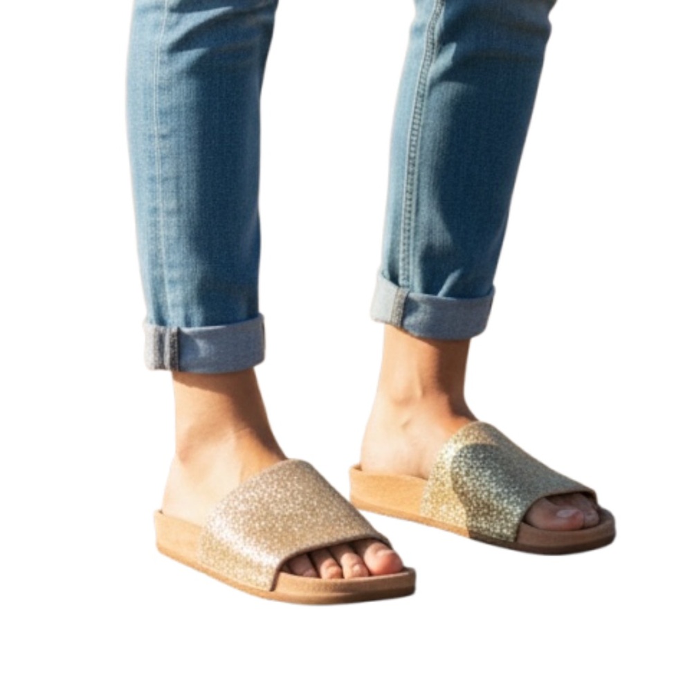 Let's See Style - Glitter Finish Casual Fashion Slip On,‎ Gold and Tan, Size 8